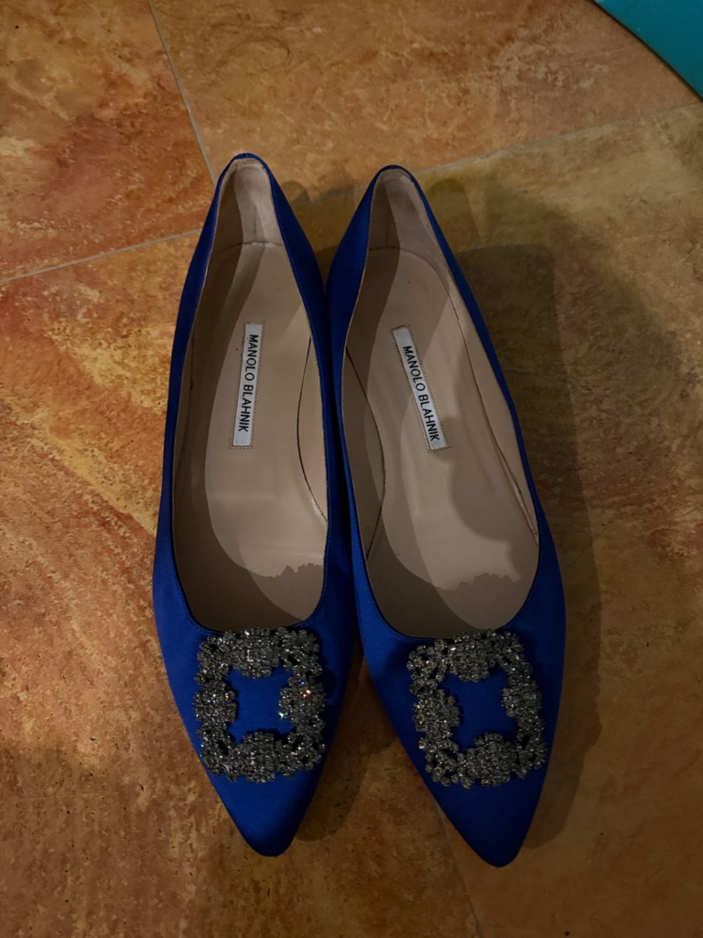 Manolo Blahnik Sapphire Blue Jeweled Pointed Toe Flats